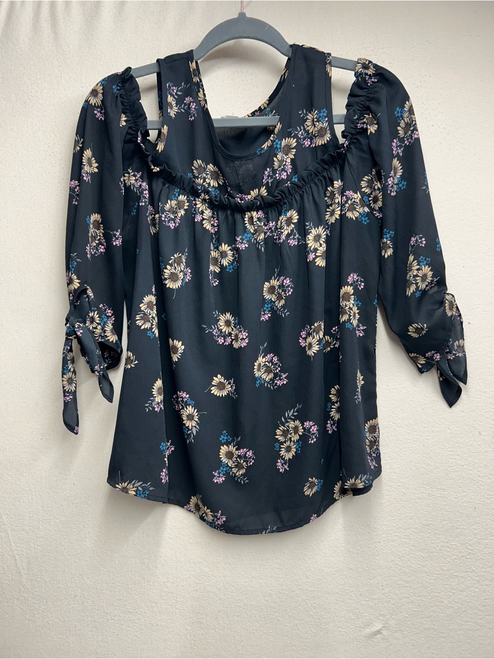 Sienna Sky Black Floral Cold-Shoulder Ruffle Blouse